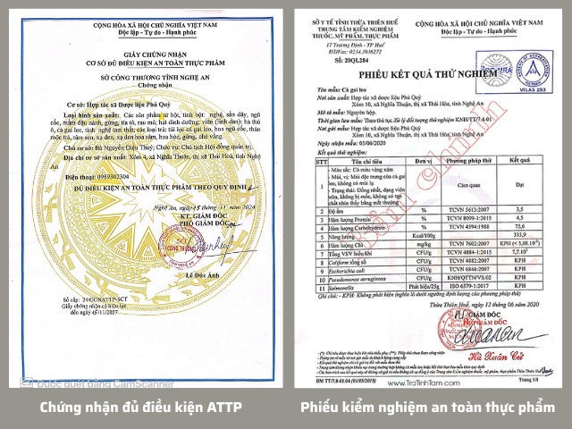 Chứng nhận ATTP Viên Cà Gai Leo